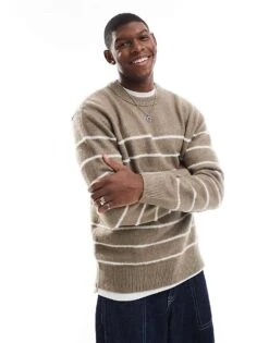 River Island Brushed Knit Jumper In Stone Breton Stripe For Men Stone - Medium -Layered Clothes 207609363 1 stonemedium 1
