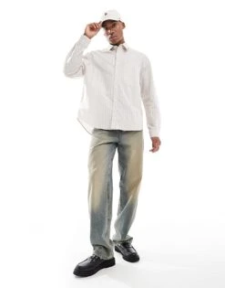 River Island Relaxed Fit Shirt In Beige Stripe For Men Stone - Medium -Layered Clothes 207609404 3