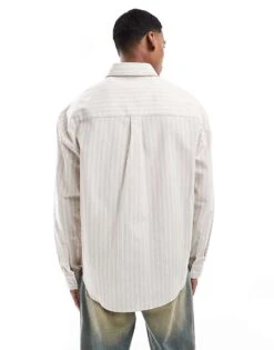 River Island Relaxed Fit Shirt In Beige Stripe For Men Stone - Medium -Layered Clothes 207609404 4