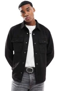 River Island Faux Suede Overshirt In Black For Men