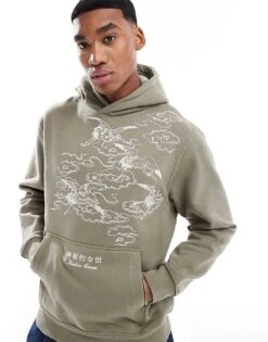 River Island Oversized Embroidered Crane Hoodie In Khaki For Men Khaki - Light