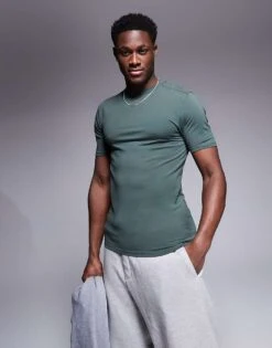 River Island Muscle Fit T-shirt In Dark Khaki For Men Khaki - Dark