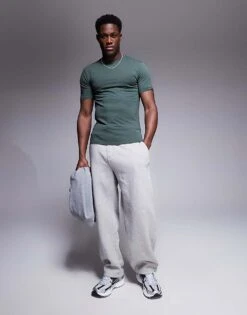 River Island Muscle Fit T-shirt In Dark Khaki For Men Khaki - Dark -Layered Clothes 207622186 4