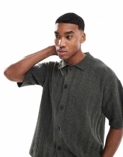 River Island Knitted Rib Overshirt In Khaki For Men Khaki - Dark -Layered Clothes 207627282 1 khakidark 1