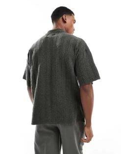 River Island Knitted Rib Overshirt In Khaki For Men Khaki - Dark -Layered Clothes 207627282 3