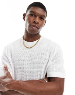 River Island Knitted T-shirt In White For Men -Layered Clothes 207627313 1 white 1