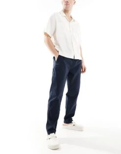 River Island Linen Blend Pull On Trousers In Navy For Men -Layered Clothes 207627314 1 navy 1