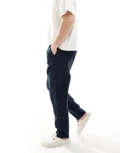 River Island Linen Blend Pull On Trousers In Navy For Men -Layered Clothes 207627314 4