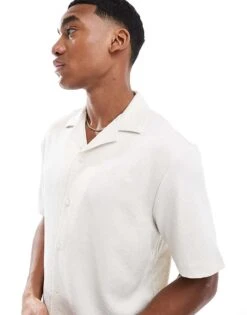 River Island Revere Collar Textured Shirt In Ecru For Men -Layered Clothes 207627462 2