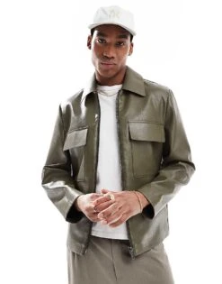 River Island Faux Leather Shacket In Dark Khaki For Men Khaki - Dark -Layered Clothes 207627463 1 khakidark 1