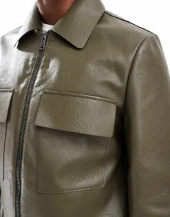 River Island Faux Leather Shacket In Dark Khaki For Men Khaki - Dark -Layered Clothes 207627463 3
