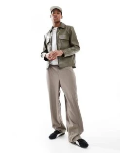 River Island Faux Leather Shacket In Dark Khaki For Men Khaki - Dark -Layered Clothes 207627463 4