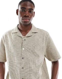 River Island Revere Collar Textured Shirt With Taping In Stone For Men Stone - Light -Layered Clothes 207627489 1 stonelight 1