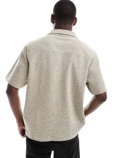 River Island Revere Collar Textured Shirt With Taping In Stone For Men Stone - Light -Layered Clothes 207627489 4