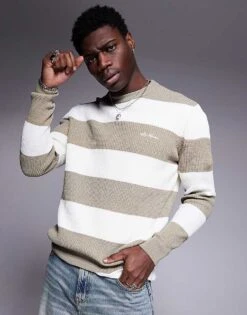 River Island Long Sleeve Waffle Striped Crew Jumper In Stone For Men Mid Stone -Layered Clothes 207698678 1 midstone 1
