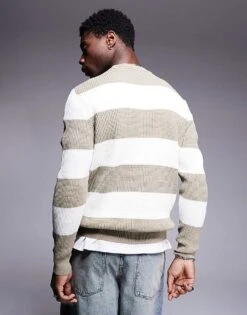 River Island Long Sleeve Waffle Striped Crew Jumper In Stone For Men Mid Stone -Layered Clothes 207698678 4