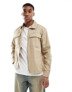 River Island Zip Front Over Shirt In Medium Stone For Men Stone - Medium -Layered Clothes 207698684 1 stonemedium 1