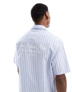 River Island Boxy Fit Short Sleeve Shirt In Blue Stripe For Men Blue - Light