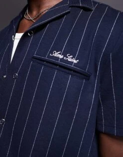 River Island Short Sleeve Pinstripe Shirt In Navy For Men -Layered Clothes 207698716 3