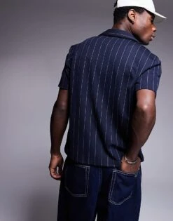 River Island Short Sleeve Pinstripe Shirt In Navy For Men -Layered Clothes 207698716 4