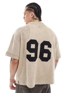 River Island Crochet Baseball Shirt In Stone For Men Stone - Medium