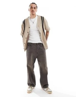 River Island Crochet Baseball Shirt In Stone For Men Stone - Medium -Layered Clothes 207780197 4