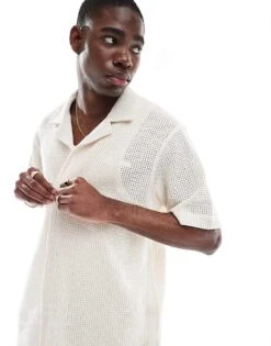 River Island Luminus Crochet Shirt In Ecru For Men -Layered Clothes 207780203 1 ecru 1