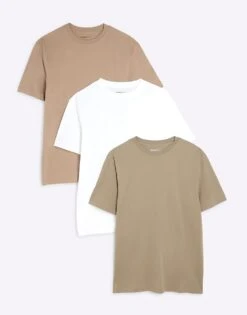 River Island Slim Fit T-Shirts 3 Pack In Multi For Men Khaki