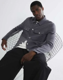 River Island Slim Fit Long Sleeve Overshirt In Grey For Men -Layered Clothes 208013304 2