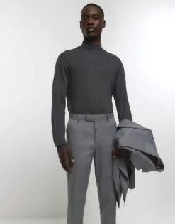 River Island Skinny Fit Twill Suit Trousers In Grey For Men -Layered Clothes 208097791 3