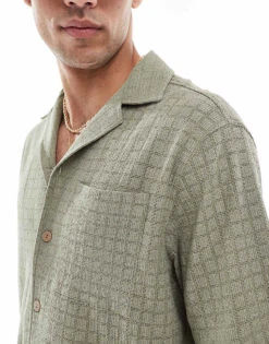River Island Revere Collar Textured Shirt In Khaki For Men 9 River Island Revere Collar Textured Shirt In Khaki For Men -Layered Clothes 208143856 3