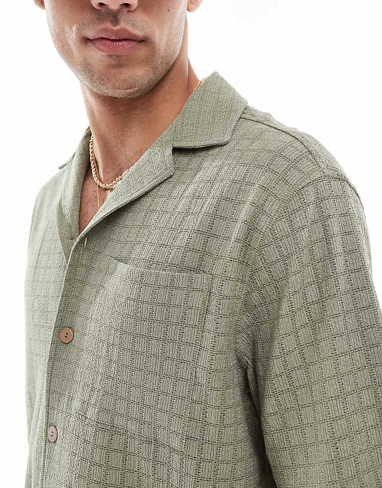 River Island Revere Collar Textured Shirt In Khaki For Men 5 River Island Revere Collar Textured Shirt In Khaki For Men - Image 3