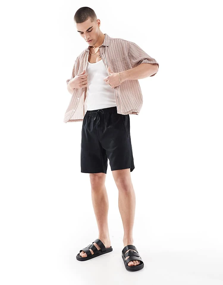 River Island Linen Blend Pull On Shorts In Black For Men 3 River Island Linen Blend Pull On Shorts In Black For Men