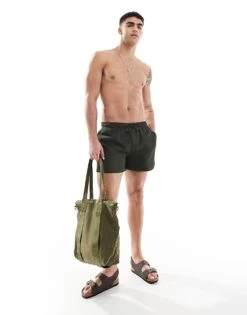 River Island Seersucker Swim Trunks In Khaki For Men Green - Dark -Layered Clothes 208146866 1 greendark 1