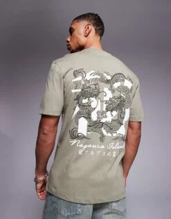 River Island Nagura Island Print T-shirt In Khaki For Men