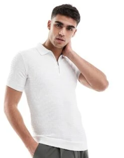 River Island Muscle Fit Textured Knit Polo In White For Men -Layered Clothes 208211818 1 white 1
