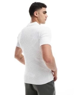 River Island Muscle Fit Textured Knit Polo In White For Men -Layered Clothes 208211818 4