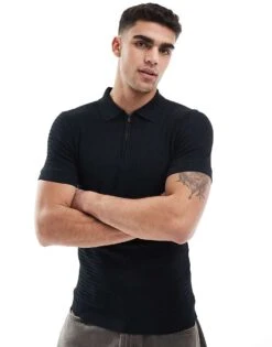 River Island Muscle Fit Textured Knit Polo In Black For Men
