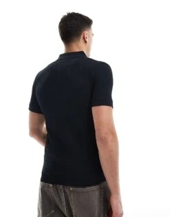 River Island Muscle Fit Textured Knit Polo In Black For Men -Layered Clothes 208211825 3