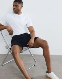 River Island Slim Fit Belted Chino Shorts In Navy For Men