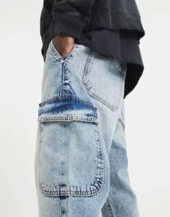 River Island Denim Cargo Relaxed Jeans In Blue - Medium For Men -Layered Clothes 208293478 3