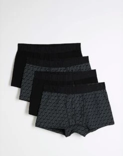 River Island 4 Pack Ri Monogram Trunks In Black For Men