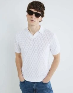 River Island Textured Open Collar Polo Shirt In White For Men